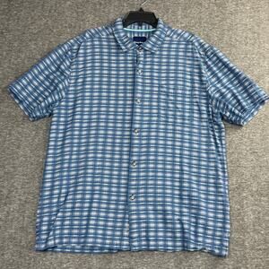 Tommy Bahama Silk Cotton Blend Button Down Shirt Size XL Plaid Print Blue